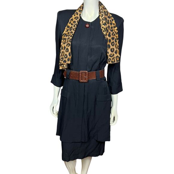 Vintage Studio I Navy Dress with Leopard Scarf & Brown Belt - 80s Size 10 - Picture 3 of 11
